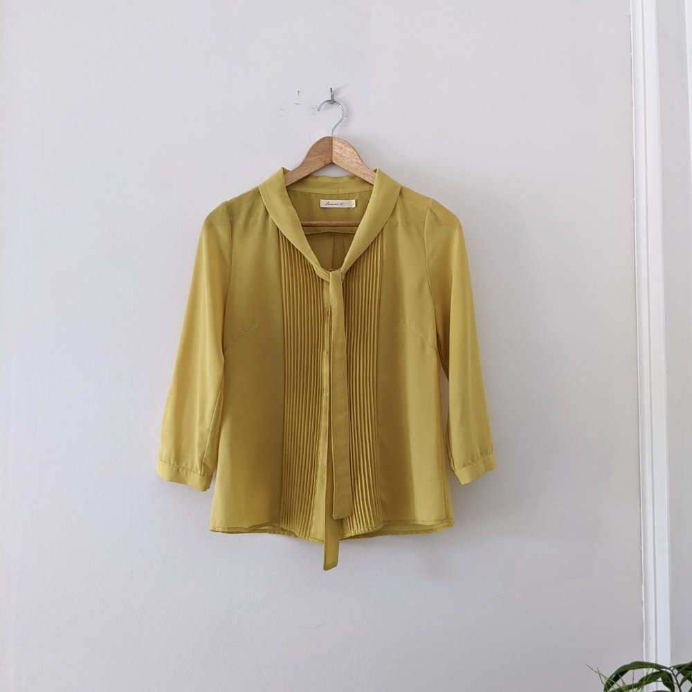 Anthropologie Olive Green Tie-Neck Pleated Blouse